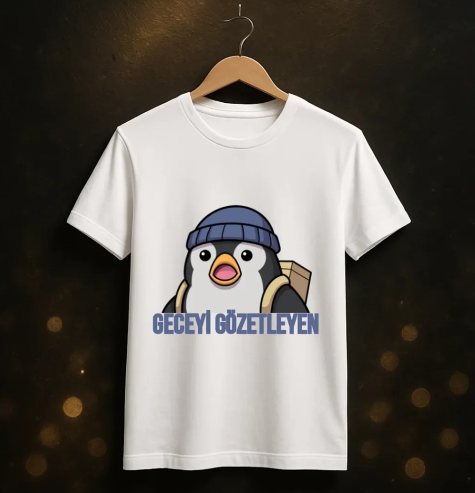 Geceyi Gözetleyen Penguen Baskılı Beyaz Tişört